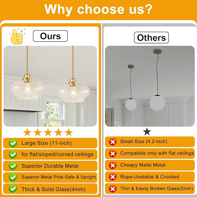 Modern Pendant Lights Kitchen Island, Brushed Gold Pendant Light Fixtures with 11" Clear Glass Shade, Industrial Hanging Pendant Lights Fixture for Kitchen Island Dining Room Bedroom Hallway Entryway