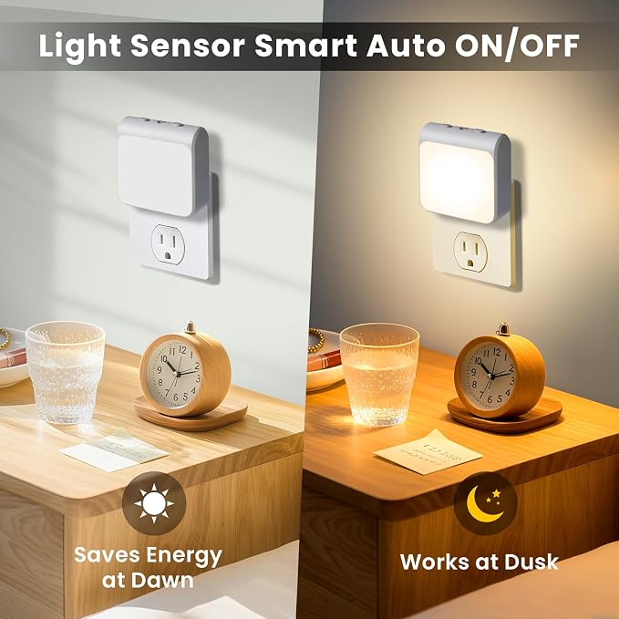 6-Pack Dimmable LED Night Lights Plug into Wall with Dusk to Dawn Sensor, 2 Color in 1 Plug in Night Light 30-60lm Brightness Adjustable, Auto-On/Off Nightlight for Bedroom, Kitchen, Bathroom, Hallway