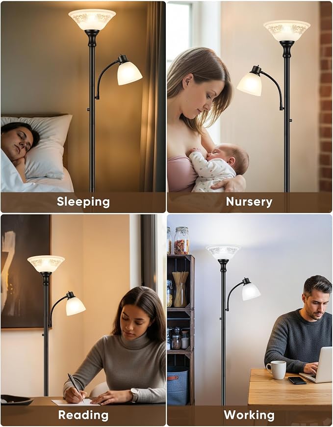 Torchiere Floor Lamps for Living Room, 71" Tall Standing Lamp with Thick Glass Shade, Metal Pole & Heavy Base, Vintage Corner Lamp with Reading Light for Bedroom Home Office, 3CCT Bulb Included