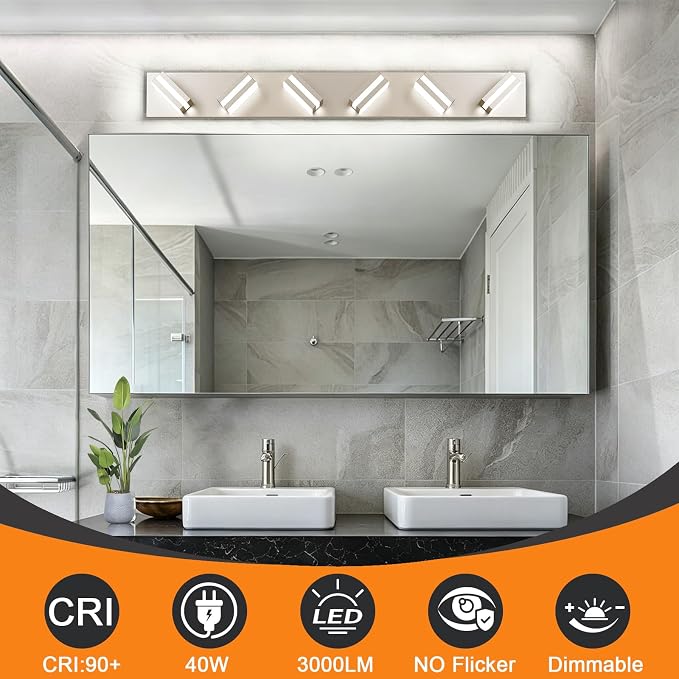 Bathroom Lights Fixtures Over Mirror, 360°Rotate Modern LED Vanity Lights for Bathroom, 48W Dimmable & High CRI Acrylic Wall Lighting, No Assembly Required (Brushed Nickel, 6-Light, 36 Inch)