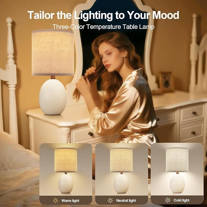 17.3" Table Lamp Set of 2 for Living Room Bedroom, Bedside Lamps for Night Stands, Desk Nightstand Lamp Dimmable, Modern Linen Cream Ceramic Lamps (White-B)