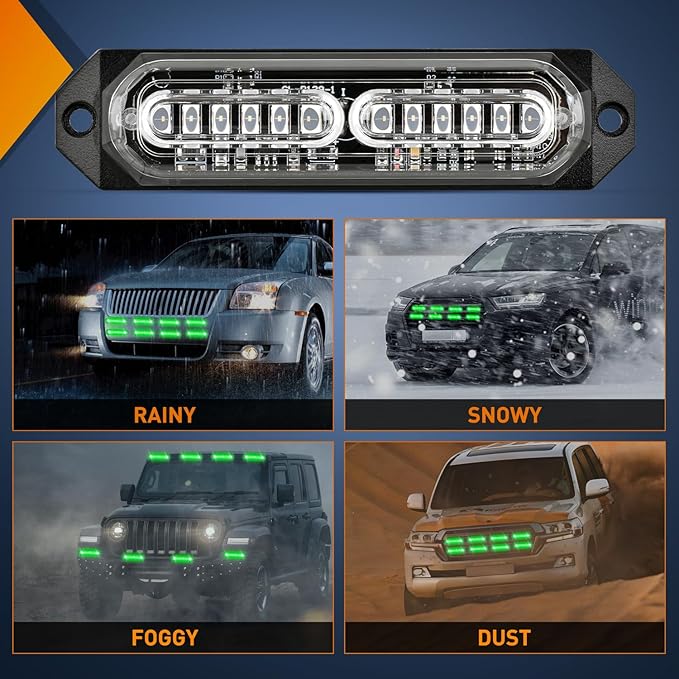 Nilight 8PCS Led Strobe Lights 12LED Green Emergency Light 12V 24V Surface Mount Flashing Warning Hazard Beacon Ultra Slim Sync Feature Mini Grille for Cars Trucks Off Road Vehicles SUV