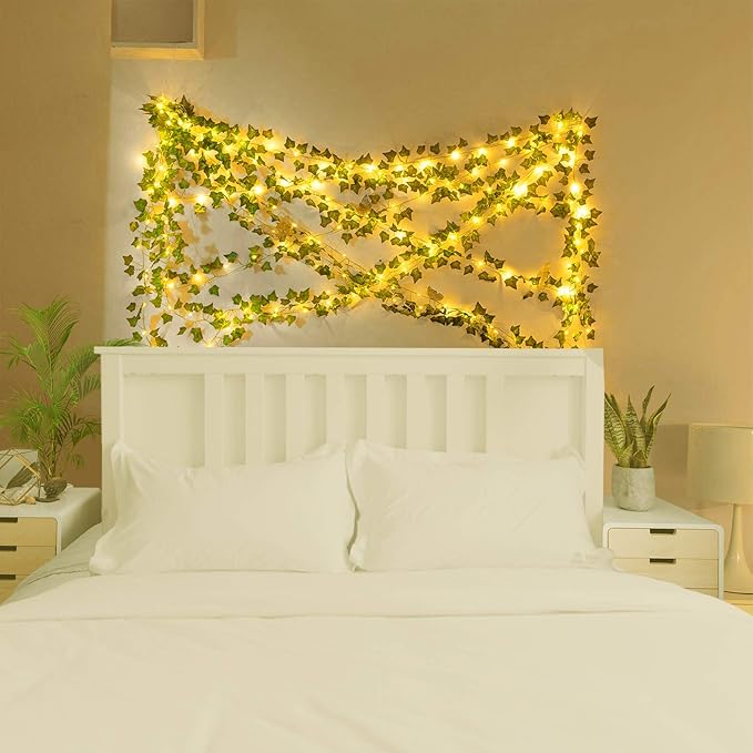 COOLUCK 84Ft 12 Pack Artificial Ivy Leaf Plants Vine with 80 LED String Light,Green Vines Garland, Hanging for Home Kitchen Office Wedding Wall Décor