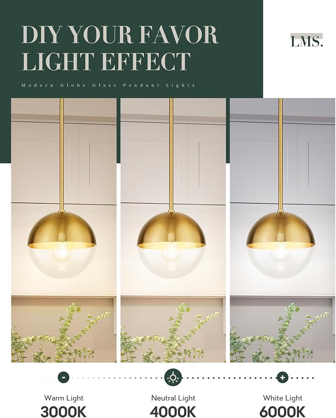Mid Century Pendant Light Fixtures, Brushed Gold Farmhouse Pendant Light with Clear Globe Glass Shade, Adjustable Hanging Rod Ceiling Light for Dining Room Bathroom Kitchen Island, LMS-186BGC