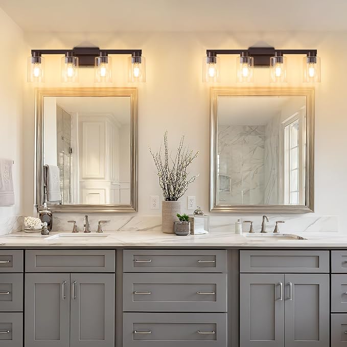4-Light Bathroom Light Fixtures with Clear Glass, Oil Rubbed Bronze | Vanity Lights, Modern Wall Sconces, Over Mirror for Bathroom, Powder Room, Living Room