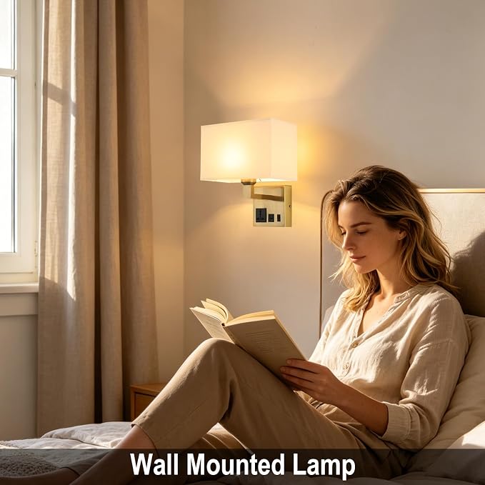Plug in Wall Sconces, Wall Lamp with Brass Base Square lampshade | Wall Lamps for Bedroom Bulb Included, Wall Mounted Lamp with 3 Color Temperature, Bedside Lamps with USB Ports and AC Outlet