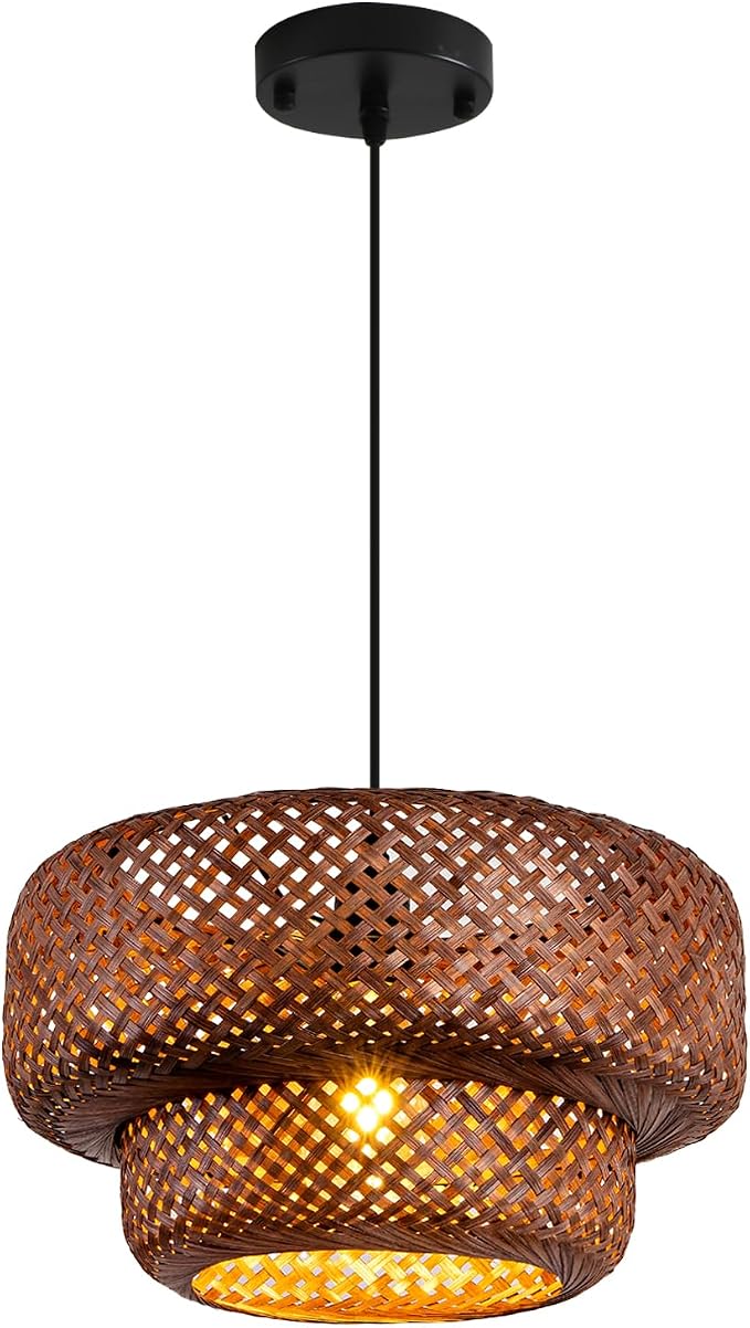 TeruTeru Ji Kaikang Bamboo Pendant Light,13.8" Brown Rattan Hanging Light | Boho Curry Bamboo Rattan Pendant Lights,Hand Woven Rattan Chandelier for Kitchen Island Dining Bedroom Living Room
