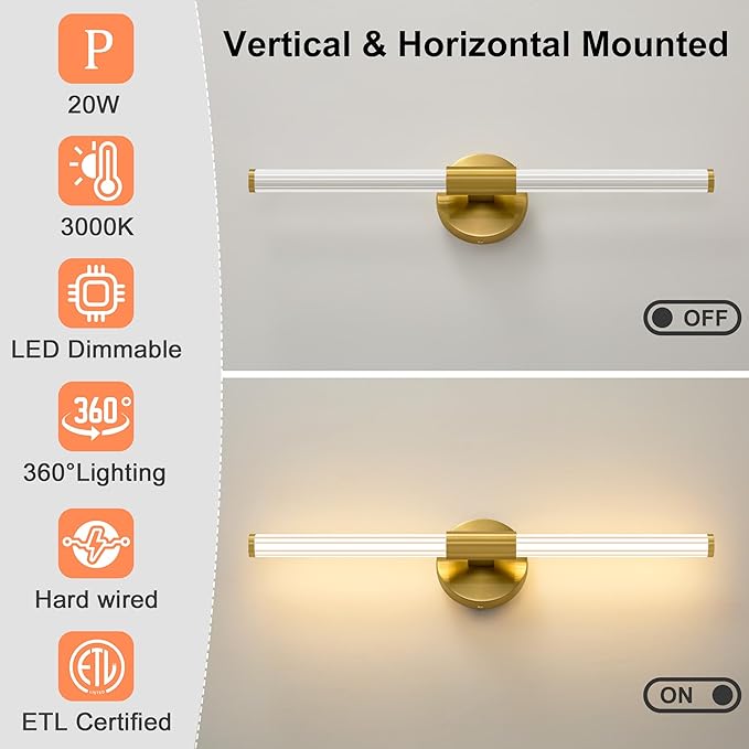 LED Bathroom Light Fixtures, Gold Vanity Lights for Bathroom, 360° Full Lighting Dimmable LED 23 inch Vanity Light Bar Over Mirror, Hardwired Modern Wall Sconce Warm White for Bedroom Living Room