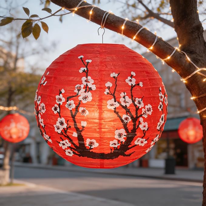 6 Pcs Red Paper Lanterns Decorative 10x12 Inch, ZUEXT Cherry Blossom Hanging Round Chinese/Japanese Lantern for Festival Theme Birthday Party Wedding Home Yard Japanese Eateries Decor Oriental Style