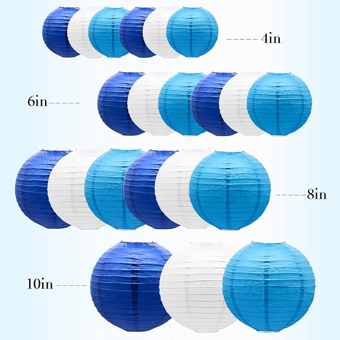 21- Pack Blue Paper Lanterns, Hanging Round Party Decorations | Reusable Indoor & Outdoor Decor for Anniversary, Graduation, Wedding, Birthday, Baby Shower Decorations, 4/6/8/10 inches