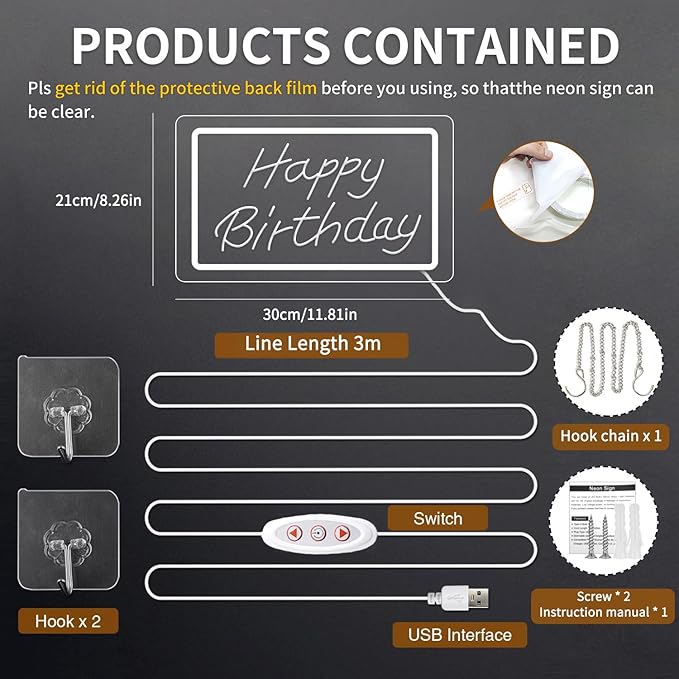 Happy Birthday LED Neon Sign – White Dimmable Neon Light, USB Powered Wall Decor for Party Backdrop, Bachelorette Party Decor, Ideal Christmas Gift & Birthday Gift