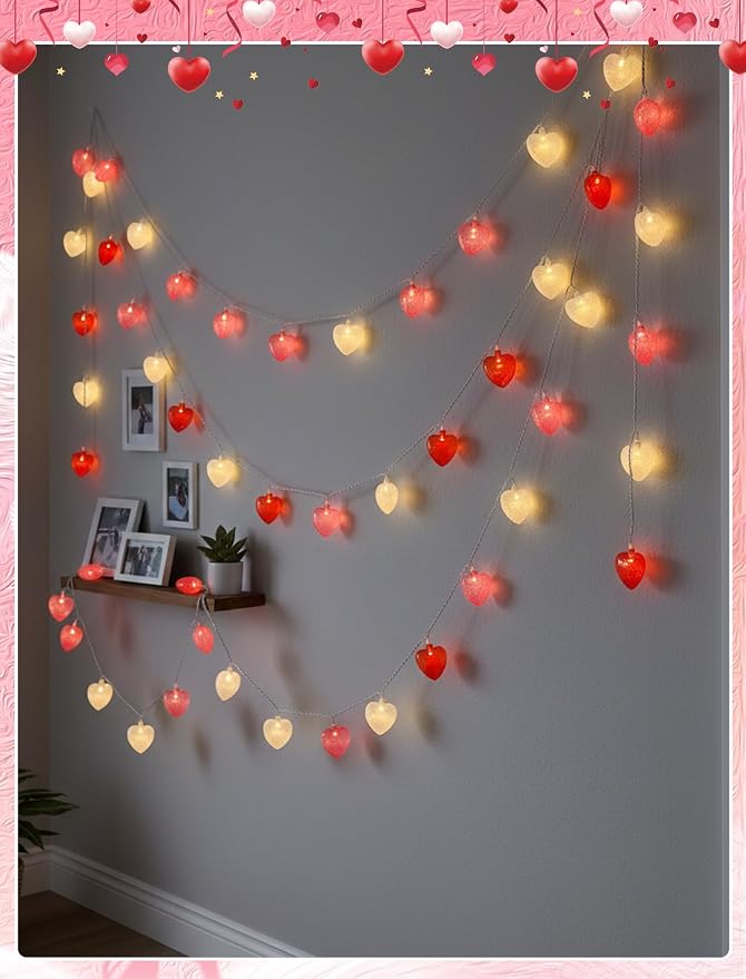 8.5ft Valentine’s Day Heart String Lights Plug in, Valentines Decoration | 10 LED Red Pink White Shatterproof Bulbs, Indoor Fairy Lights for Home Decor Wedding Outdoor Party, Warm White
