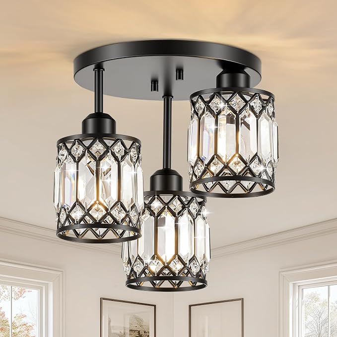 Black Crystal Ceiling Light Fixture, 3-Light, E26 | Modern Semi Flush Mount Ceiling Light, Kitchen Lighting Fixtures Ceiling for Hallway Bedroom Bathroom Laundry Room