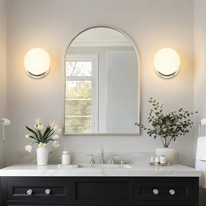 2 Pack Modern Chrome Wall Light Fixtures, Mid-Century Globe Glass Wall Sconces Set of Two for Bathroom Mirror, Living Room, Hallway, Entryway (Bulbs Not Included)