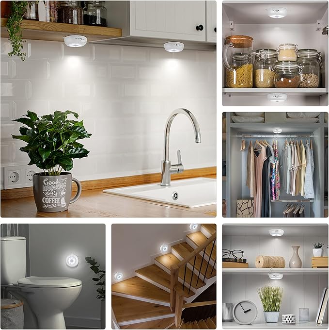Motion Sensor Light Indoor, Under Cabinet Light, Ceiling Lights, AA Battery Operated Stick on Wireless Puck Lights for Wall, Step, Stair, Dimmable (6 Pack)