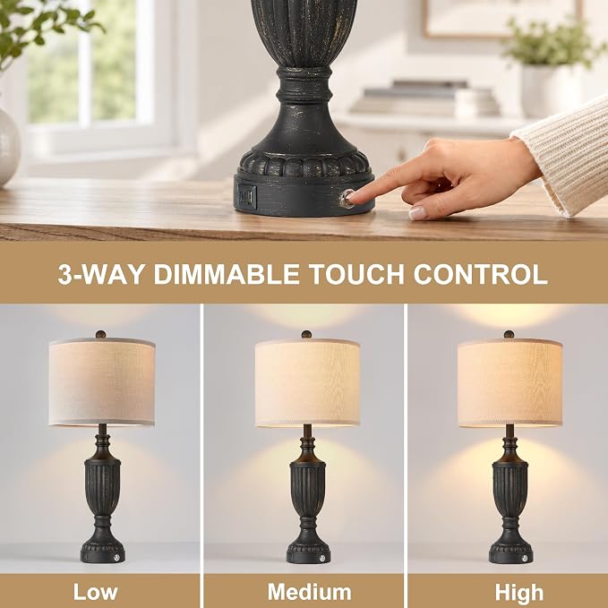 Black Farmhouse Lamps for Living Room Set of 2, 27.5" Bedroom Lamps Set of 2 with USB Ports, Dimmable Rustic Bedside Lamps Nightstand Lamps
