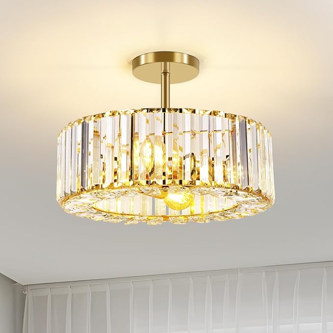 FRIDEKO HOME Gold Crystal Chandelier Ceiling Light - 4-Light Ceiling Light Fixture Modern Ceiling Mount Lights Chandelier for Dinning Room Bedroom Kitchen Entryway (14.56 Inch, Bulb not Included)