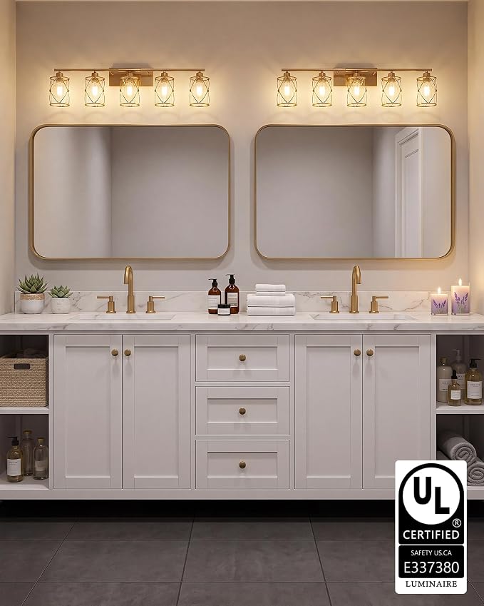 5-Light Brushed Gold Bathroom Light Fixtures Over Mirror, 38" UL-Listed Modern Wall Sconce Lights with Clear Glass and Metal Cage for Bath, Hardwire E26, CH9176BG-5W