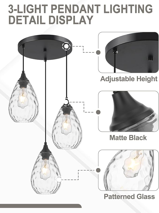 Black 3-Light Pendant Lighting, Modern Dining Room Light Fixture Over Table with Hammered Glass, Cluster Hanging Lights for Kitchen Island Dining Room
