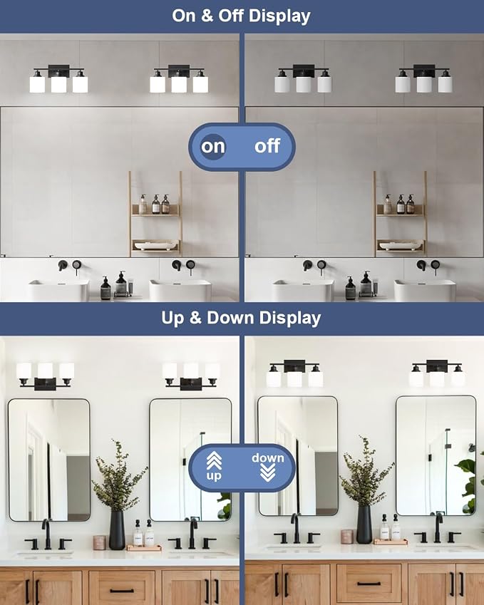 3-Light Bathroom Vanity Light, Anti-Rust Matte Black Bathroom Light Fixtures Over Mirror, Modern Bathroom Lights Wall Mount with Milky White Glass Shades, E26 Base Vanity Lighting