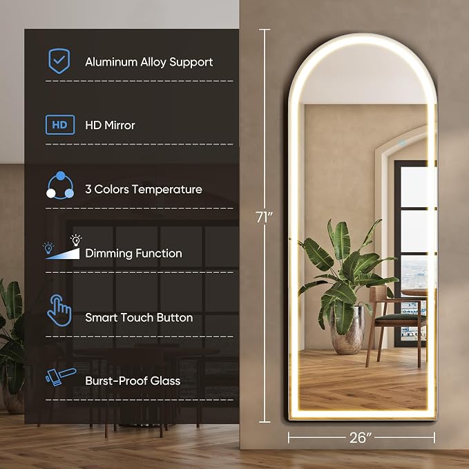 DUMOS Arched LED Mirror Full Length Standing, 26"x70" Full Body Wall Mirror | LED Lights 3 Color Lighting and Shatterproof Tempered Glass, Wall Hanging or Leaning, Floor Standing, Modern Home Decor