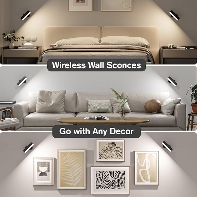 Wireless Battery Operated Wall Sconces for Bedroom, LED Rechargeable Wall Sconce Set of Two for Living Room, Stick on Wall Mounted Lamp for Reading, 2 Pack