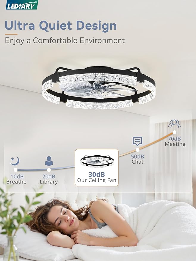 LEDIARY 24 Inch Low Profile Ceiling Fans with Lights and Remote, Flush Mount Fandelier Ceiling Fan, 3000K-6000K Dimmable LED Fan Light, Black Modern Ceiling Fans with Lights for Bedroom