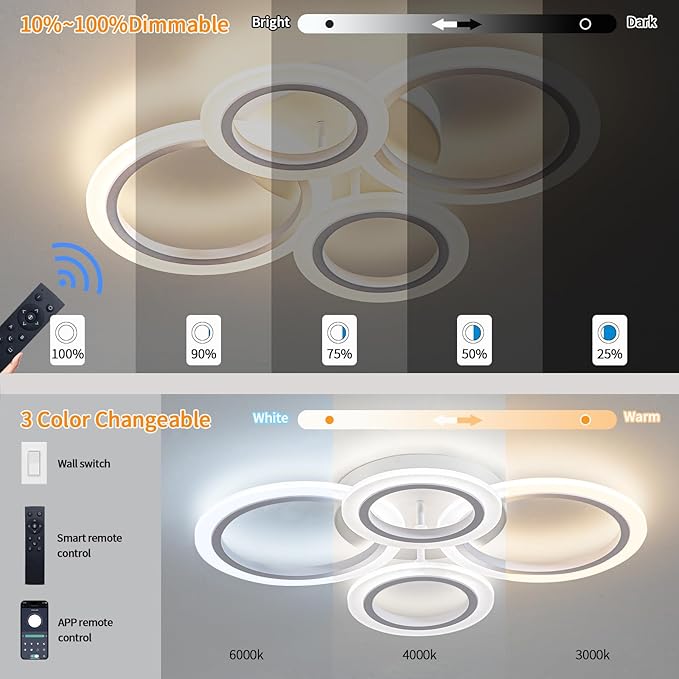 34W LED Ceiling Light with Remote, 3000-6000K Dimmable Modern Flush Mount Ceiling Lighting Fixture White 4 Rings Round Chandelier Ceiling Lamp for Small Room, Bedroom