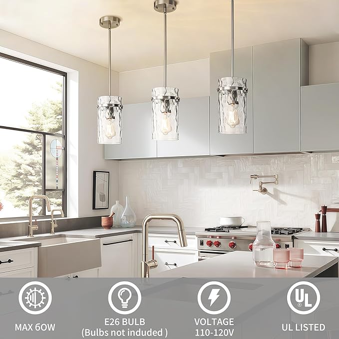 5.5" Nickel Hammered Glass Pendant Light, Brushed Nickel Pendant Lights Kitchen Island, Modern Kitchen Island Light Over Dining Light Fixture Bedroom Foyer 1 Pack