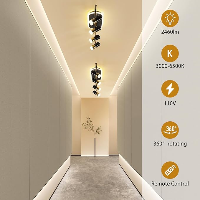 Jaycomey 4-Light LED Track Lighting Fixture with Remote Control, 41W Dimmable Ceiling Light Spotlights, Adjustable 3000K-6500K Modern Dining Room Ceiling Light for Kitchen Bedroom (Black &Gold)