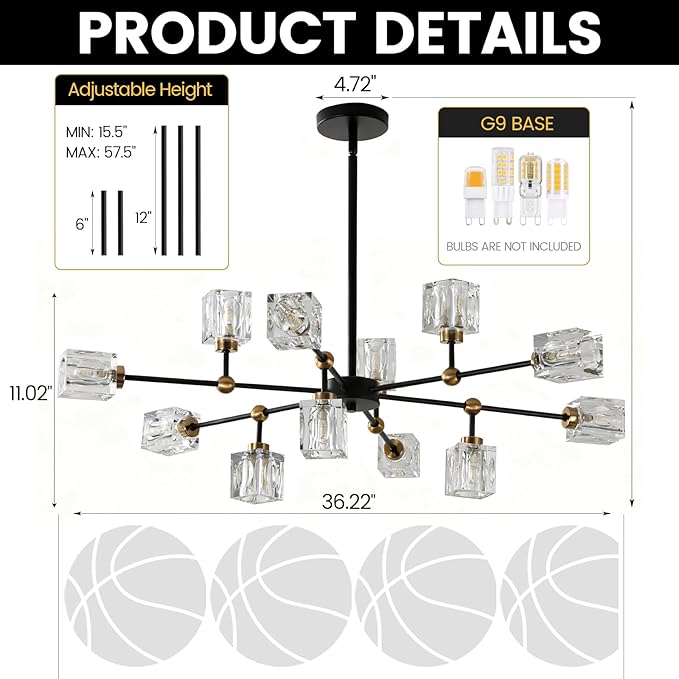12-Light Black Crystal Chandelier Modern Sputnik Chandeliers for Dining Room Adjustable Height Sputnik Ceiling Light Fixture for Living Room Kitchen Island Bedroom