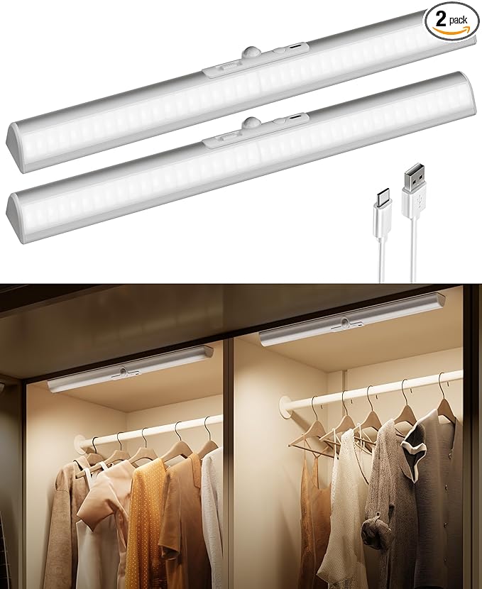 EZVALO 17Inch Motion Sensor Closet Lights, 3600mAh Rechargeable Battery LED Cabinet Lights, 150 Lumens No-Glare Curved, 3 Color Temps & Dimmable Pantry Lights for Wardrobe, Shelves - 2Pack