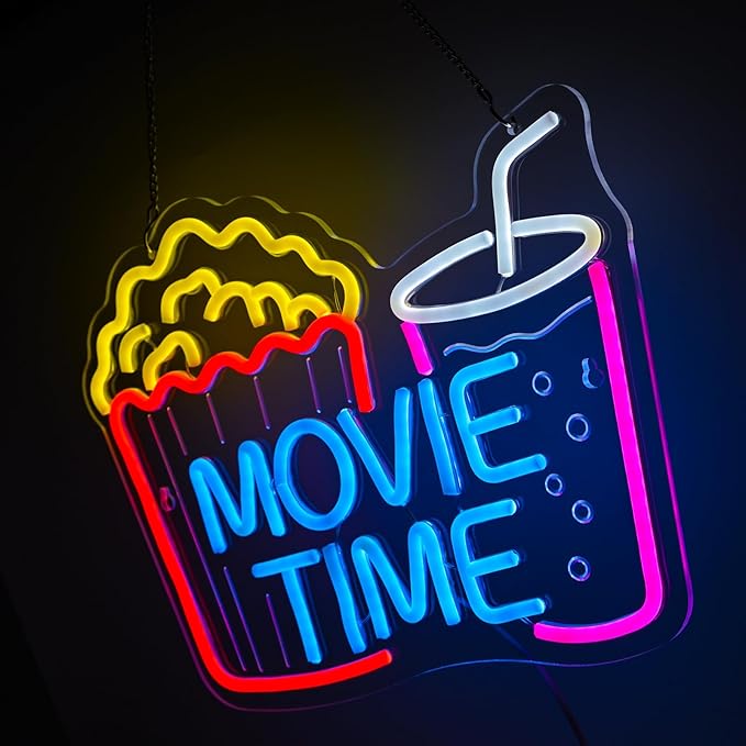 Movie Time Neon Sign with Popcorn & Drink - Dimmable LED Light for Home Theater & Movie Night Room Decor | Gift for Film Lovers (15x12”)