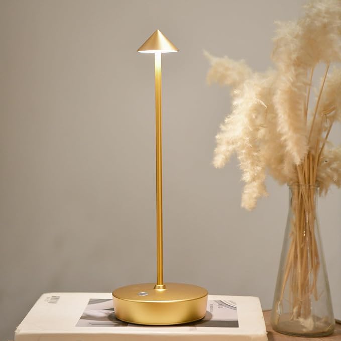 Cordless Rechargeable Led Table Lamp Battery Operated Light Gold | 6000mAh Touch 3 Color Dimming Portable Metal Outdoor Waterproof Light for Patio/Restaurant/Dining/Home