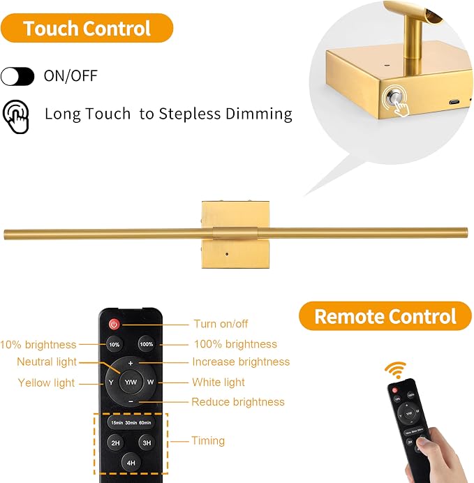 10000mAh Gold Battery Operated Wall Sconces Set of 2, 3 Color Dimmable Rechargeable Wall Light with Remote, 24 Inch Wireless Sconce Wall Lighting with Timer Function for Living Room, Bedroom, TV