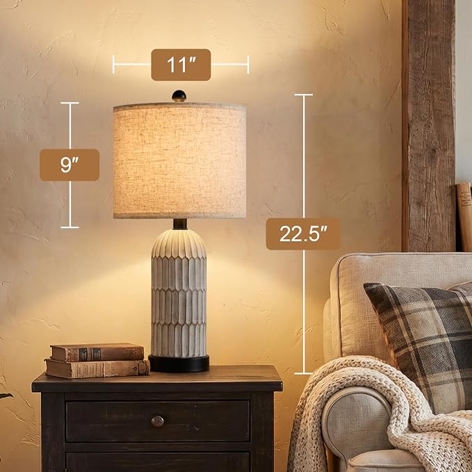 22.5" Bedside Table Lamps Set of 2, Farmhouse Table Lamp with USB A+C Charging Ports,Vintage Nightstand Lamp for Bedrooms and Living Rooms, Retro Resin End Table Lamp with Linen Shade, Black