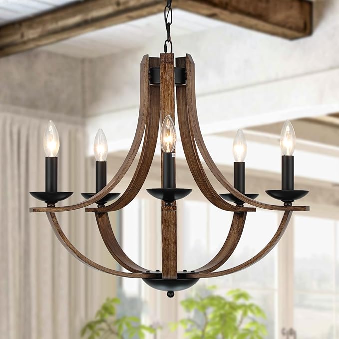 Farmhouse Chandeliers for Dining Room Light Fixture, 5-Light 24 inch Faux Wood Texture Hanging Lighting Fixtures, Rustic Candle Chandeliers for Living Room Kitchen Island Foyer Entryway