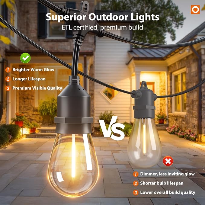 addlon 50FT Outdoor String Lights with Remote Dimmable Waterproof Patio | Warm White Edison Bulbs, Heavy Duty Shatterproof Hanging Strand for Outside Backyard Porch Garden Bistro Pergola Party