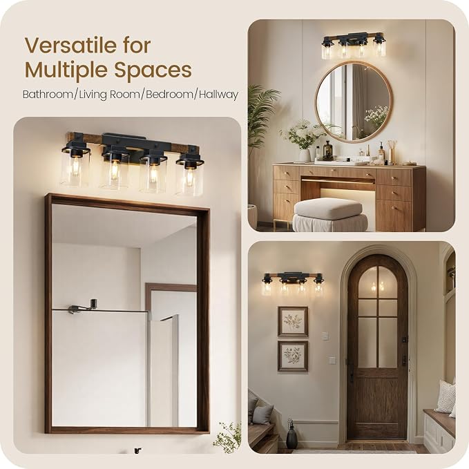 4-Light Bathroom Light Fixtures, Farmhouse Vanity Lights for Bathroom with Glass Square Shade, Rustic Vanity Lights, Sconce Wall Light, E26 Base (Bulbs Not Included), ETL Listed FS09BD05