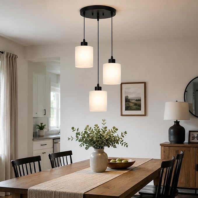 3 Light Pendant Lighting, Farmhouse Hanging Light Fixture for Kitchen Island & Dining Room, Industrial Vintage Ceiling Lamp with E26 Base, Adjustable Height, with White Glass 4.7" Shades