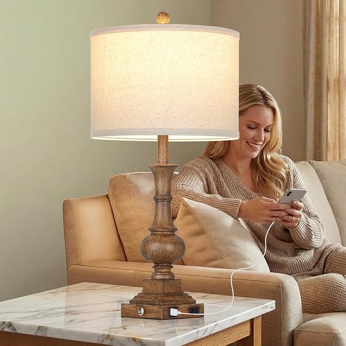 26" Tall Farmhouse Rustic Table Lamps for Living Room Set of 2, Vintage Retro Nightstand Table Lamp with USB C+A Charging Ports & AC Outlet, 3-Way Dimmable Touch Control Bedside Lamp for Bedroom Brown
