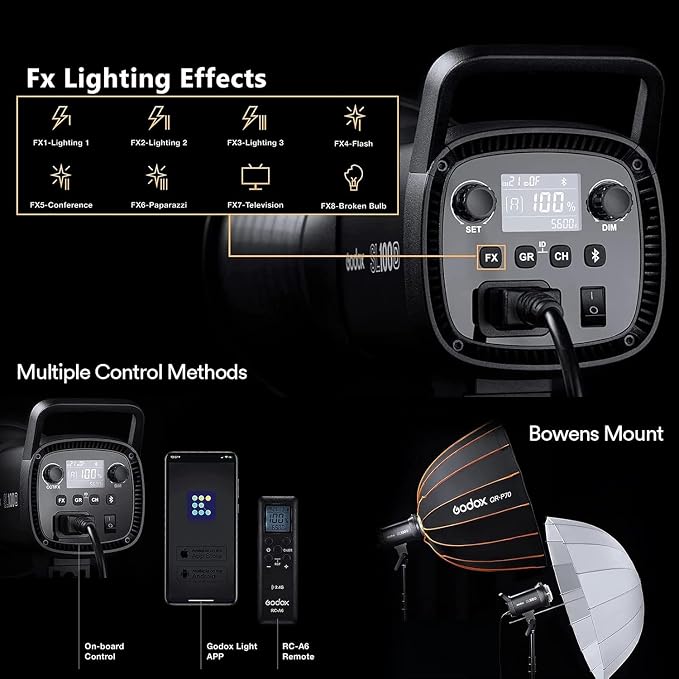 Godox SL100D 100W Daylight LED Video Light – 32,100Lux@1M, 5600K, CRI 96+, Bowens Mount LED Continuous Light, 8 FX, App Control, Silent Studio Lighting for Video Recording, Photography, Live Streaming