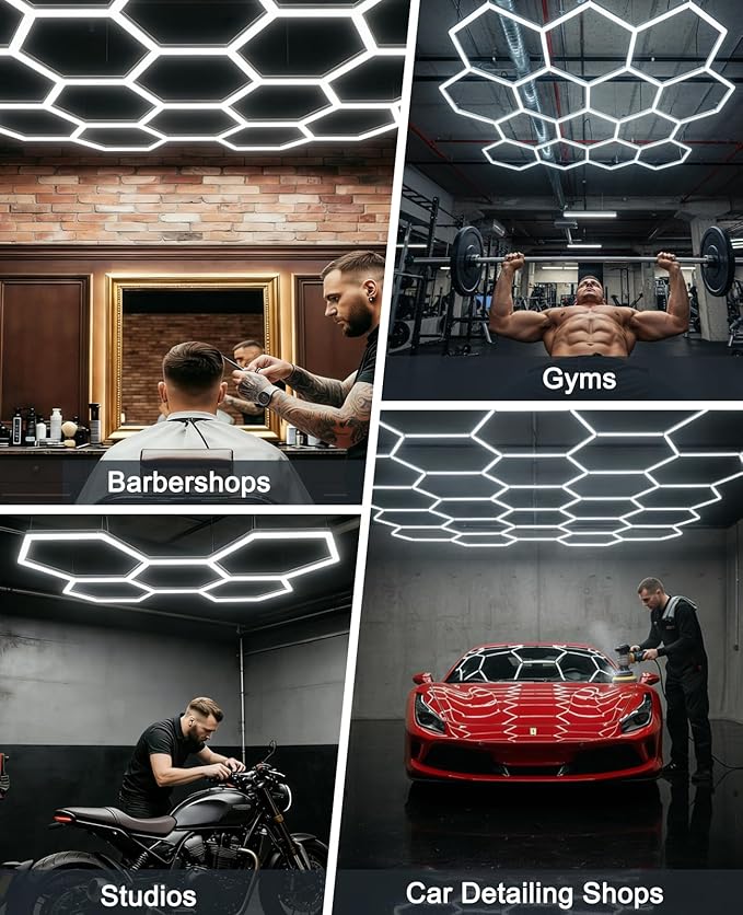 Hexagon led Lights: DIY Ceiling LED Gym Light Hexagon Garage Lights 16660LM | Bigger Size for Basement Warehouse Workshop Barbershop Car Care Wash Room Auto Beauty Shop Exhibition 6500K