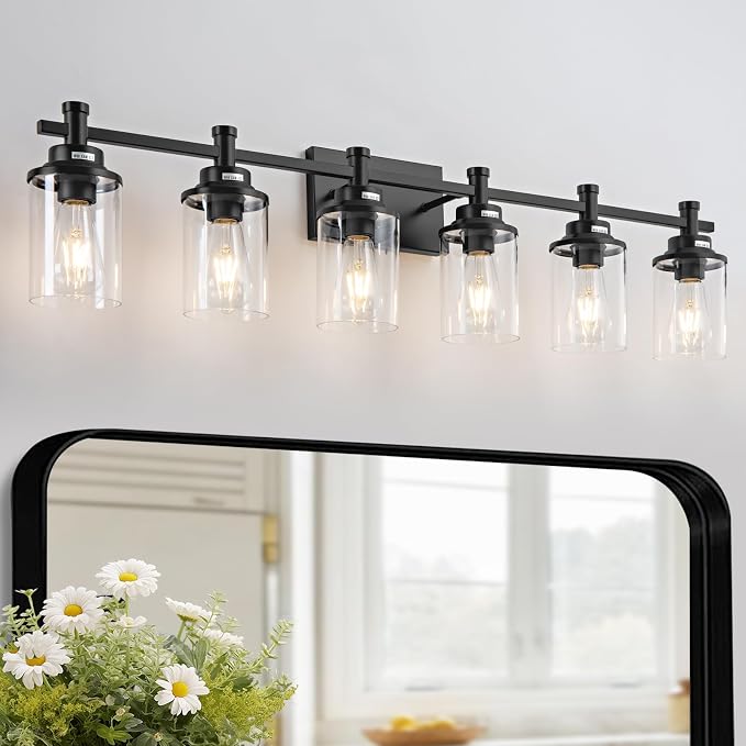 Modern Black Bathroom Vanity Lighting Over Mirror, 6 Lights with Clear Glass Shade, Metal Vanity Light Fixture for Bathroom, Bedroom, Living Room