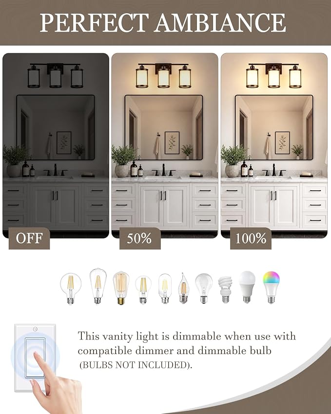 3-Light Oil Rubbed Bronze Bathroom Light Fixtures Over Mirror with Frosted Milk Glass and Metal Cage Shade, 21" UL-Listed Modern Farmhouse Wall Sconce for Bath, Hardwire E26, OS-3014ORBW-3W