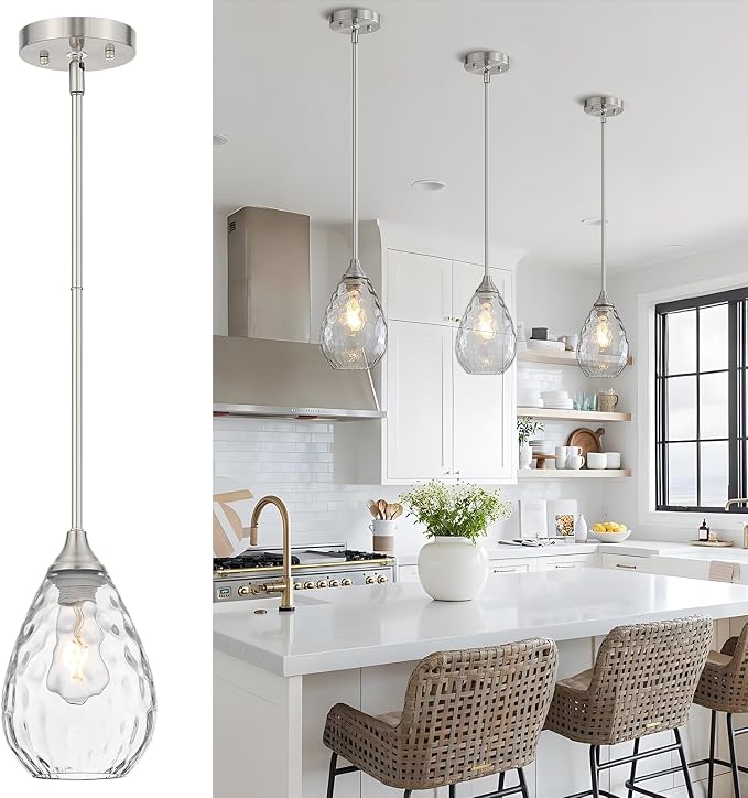 Glass Pendant Lights Kitchen Island, 1-Light Modern Brushed Nickel Pendant Light Fixtures with Hammered Glass and Rods, Small Hanging Light for Kitchen Sink Dining Room Bathroom