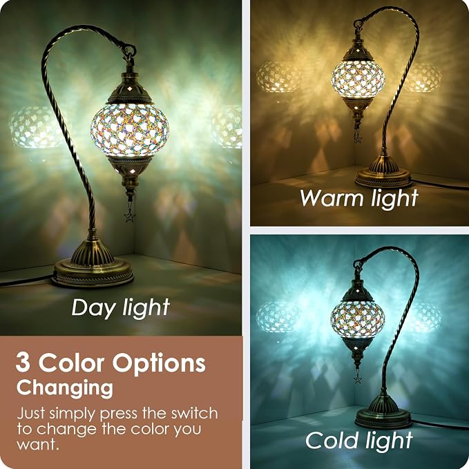 Yarra-Decor Turkish Moroccan Lamp with Bronze Base 3 Color Options Handmade Swan Neck Mosaic Glass Bedside Lamps for Bedroom (LED Bulb Included)(Colorful4)