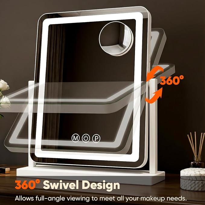 Antok Vanity Mirror with Lights, 14"X18" Lighted Makeup Mirror, Smart Touch, 3 Color Modes and Brightness Adjustable, LED Vanity Mirror with Detachable 10X Magnification, 360° Rotation for Makeup Desk