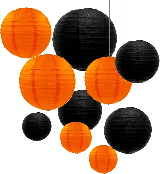 ZOOYOO 10Pcs Paper Lanterns,Black Orange Round Hanging Tissue Paper Lanterns Decorations for Kids Birthday,Graduation,Halloween,Theme Party Garden Home Decor