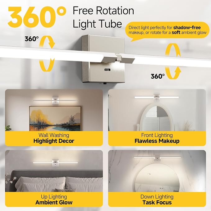 32 Inch Brushed Nickel Bathroom Vanity Light, Built-in Dimmer 2700K-6000K 1450LM LED, 360° Rotatable Bathroom Lights Over Mirror for Makeup, Shaving, Restroom, Powder Room ETL FCC